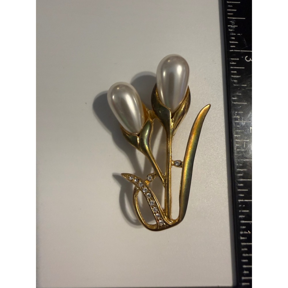 Vintage Gold Tone Tulip Brooch Faux Pearl Rhinestone Floral Flower Pin Accessory